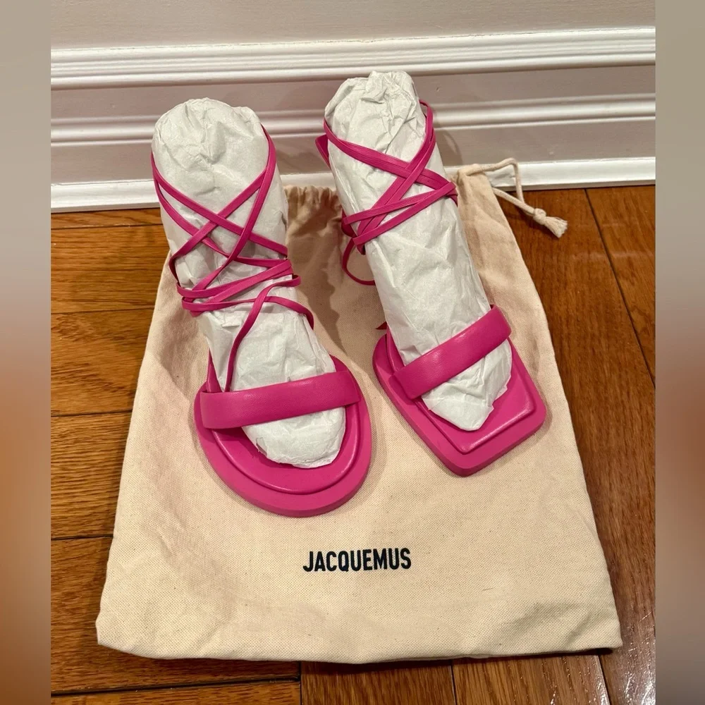 JACQUEMUS Les Carre Rond Asymmetric Lace-up Leather Sandals Pink Size 38 - Picture 5 of 6
